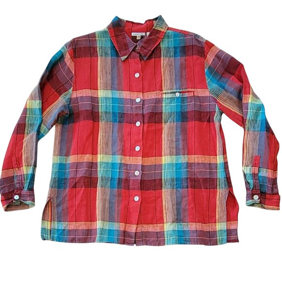 Chico's 100% Linen Red Plaid Long Over-sized Button Front Shirt Size L NWOT NEW - Picture 2 of 9